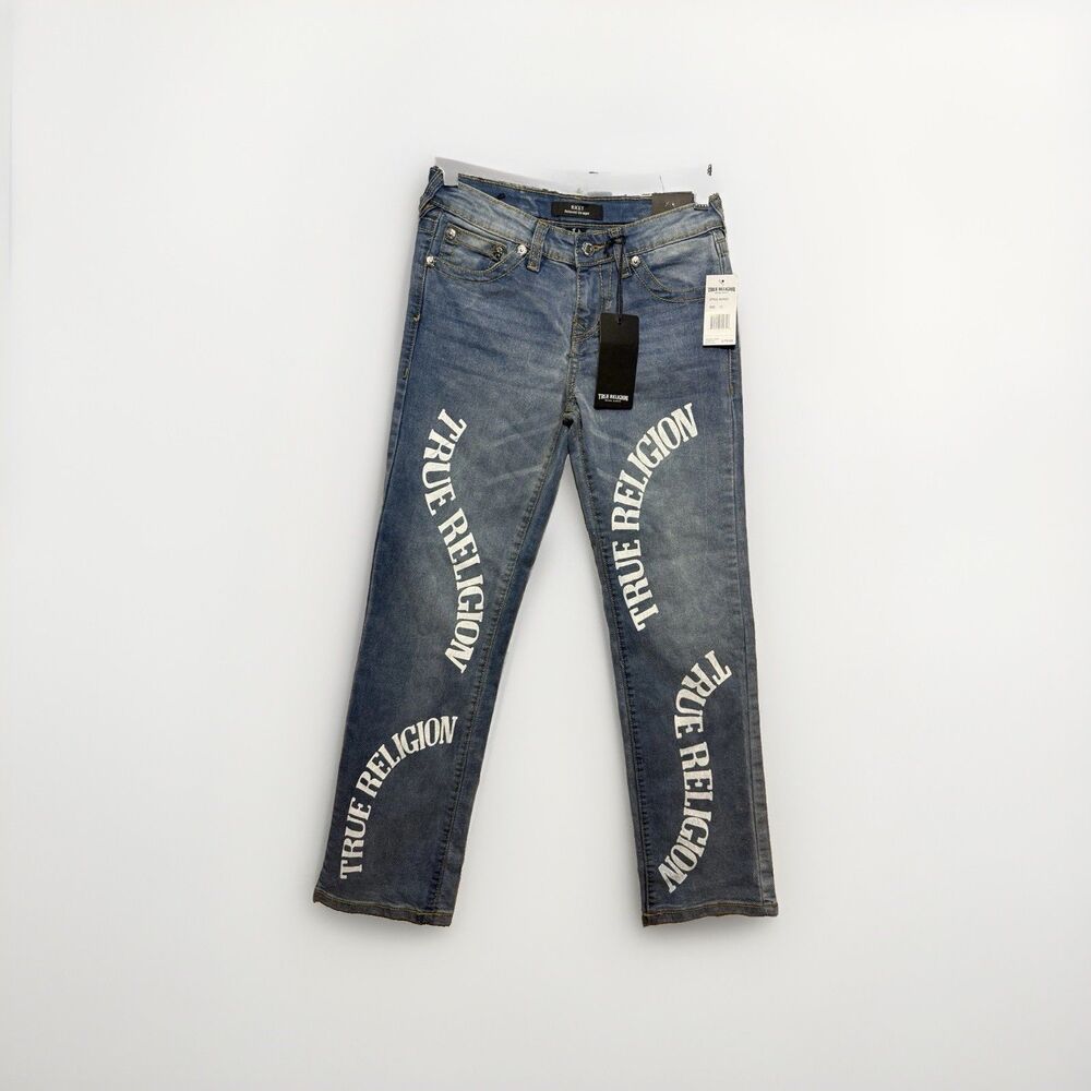 True Religion Ricky Relaxed Straight Jeans Boys 12 Logo Print Blue NWT